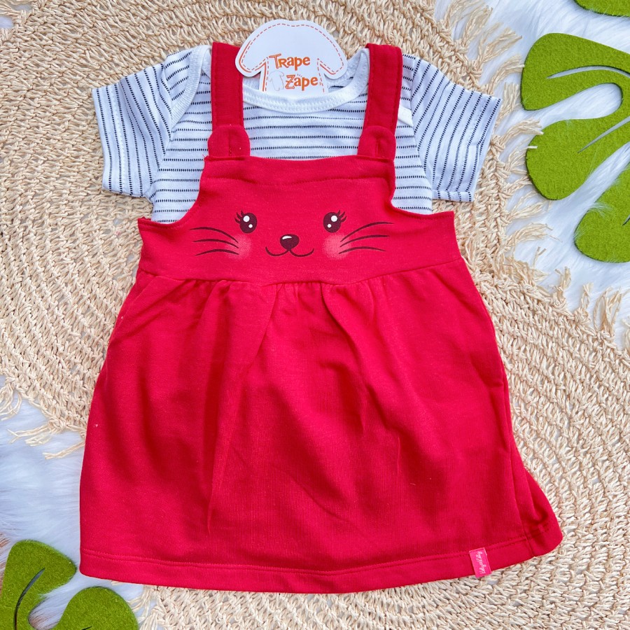 Conj. Body Listrado e Salopete Gatinha - Branco e Vermelho 